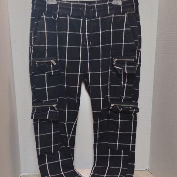 👍Grunge Y2K Skinny Joggers/ pants.  Hot Topic Black Twill Plaid Size Large.  W1 - Picture 1 of 8
